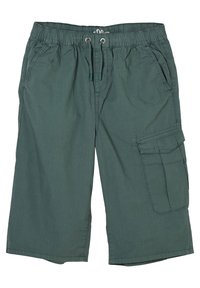 Sotkul shorts i mörkgrön tyg med elastisk midja, justerbar dragsko, sidofickor och en stor cargo ficka på höger ben.