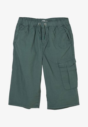 Cargo shorts van donkergroen stof met een elastische tailleband, verstelbaar trekkoord, zijzakken en een grote cargozak op het rechterbeen.