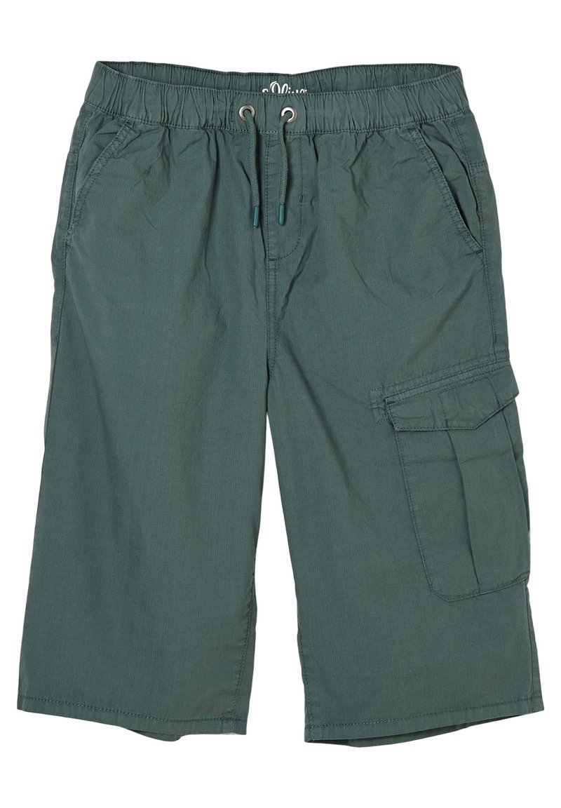 Sotkul shorts i mörkgrön tyg med elastisk midja, justerbar dragsko, sidofickor och en stor cargo ficka på höger ben.