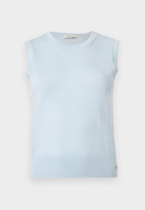 Haut sans manches en tricot bleu clair avec un col rond et un petit détail doré près de l'ourlet inférieur, étiquette "ANINE BING" à l'intérieur du col.