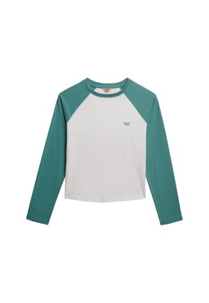 T-shirt a maniche lunghe con corpo bianco e maniche raglan teal. Realizzato in morbido cotone, presenta un collo rotondo e un piccolo logo sul fronte.