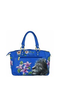 Blauwe leren handtas met bloem- en leeuwenkunst. Heeft twee handvaten, gouden hardware en een ritsluiting. Gladde textuur, ruime ontwerp.