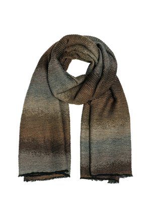 Brown and gray gradient scarf made of soft, textured fabric with a ribbed pattern and fringed edges, coiled for display.
