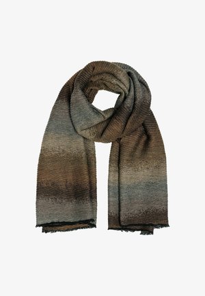 Brown and gray gradient scarf made of soft, textured fabric with a ribbed pattern and fringed edges, coiled for display.