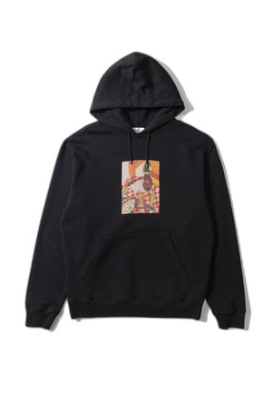 Sweat à capuche noir avec une poche avant, arborant un graphique coloré et illustré centré sur la poitrine. Texture de tissu doux.