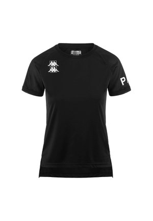 T-shirt sportivo nero con maniche corte, caratterizzato da dettagli in rete sulle spalle, un logo bianco sulla parte superiore del petto e un'etichetta all'interno del colletto.