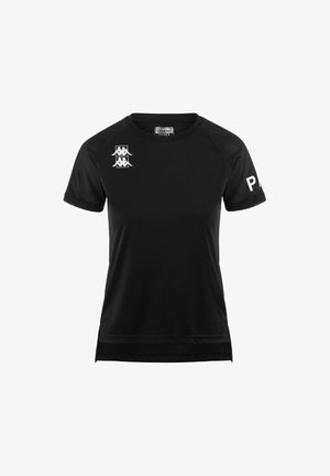 T-shirt sportivo nero con maniche corte, caratterizzato da dettagli in rete sulle spalle, un logo bianco sulla parte superiore del petto e un'etichetta all'interno del colletto.