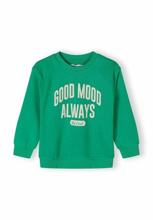 Groene katoenen sweatshirt met lange mouwen, ribgebreide manchetten en nek, met "GOOD MOOD ALWAYS" in het wit op de voorkant gedrukt.