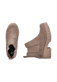 Botas de tobillo taupe de ante, con paneles laterales elásticos, suela de goma texturada y una pestaña de bucle para facilitar su uso.