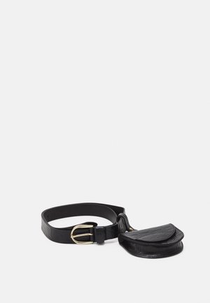 Black textured leather belt with gold buckle attached to a small rounded pouch with flap closure on a white background.
