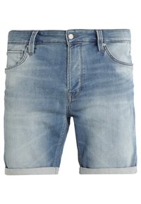 Shorts in denim blu chiaro con una finitura sbiadita, una vita standard e orlo risvoltato. Presentano due tasche frontali e un piccolo dettaglio con logo.
