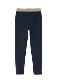 Marineblauwe leggings met een glinsterende gouden tailleband, een strakke pasvorm, een zachte textuur en decoratieve bloemaccenten bij de enkels.