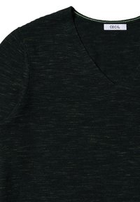 Dunkelgrüner Strickpullover mit V-Ausschnitt, weichem Material und dezent meliertem Muster. Markenlabel: CECIL.