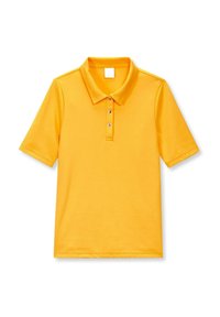 Geel poloshirt, korte mouwen, klassieke kraag, drieknoopssluiting, gladde stof, geen patronen of accenten, standaard pasvorm.