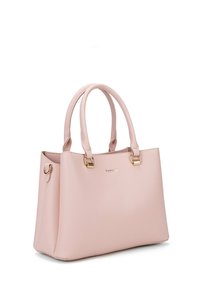 Borsa a tracolla in pelle rosa chiaro con doppie maniglie e hardware dorato. Caratterizzata da una finitura testurizzata e un design minimalista.