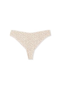 Tanga de estampado de leopardo hecha de tela suave; presenta un fondo beige neutro con manchas marrón claro, diseño de tiro bajo y cobertura mínima.