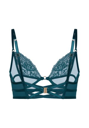 Reggiseno in pizzo turchese con spalline regolabili, chiusura frontale, pannelli in mesh e design decorativo a ritagli su busto e fascia.