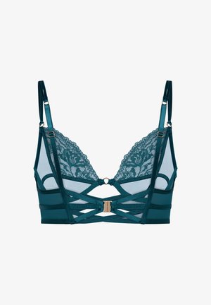 Türkisfarbener Spitzen-BH mit verstellbaren Trägern, Vorderverschluss, Netz-Einsätzen und dekorativem Ausschnitt-Design über dem Büsten- und dem Unterbrustbereich.