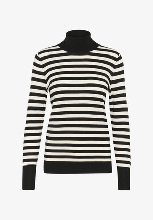 Schwarz-weiß gestreifter Rollkragenpullover mit langen Ärmeln, geripptem Kragen, Bündchen und Saum; aus weichem, dehnbarem Stoff.