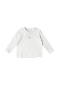 Weißes Langarm-T-Shirt aus weicher Baumwolle, mit rundem Ausschnitt und einem kleinen blauen "Smile"-Text auf der Vorderseite. Einfaches Design.