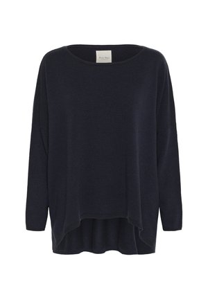Suéter oversized azul marino oscuro con escote redondo, mangas largas y dobladillo asimétrico. Tejido suave con una textura lisa y un detalle mínimo.