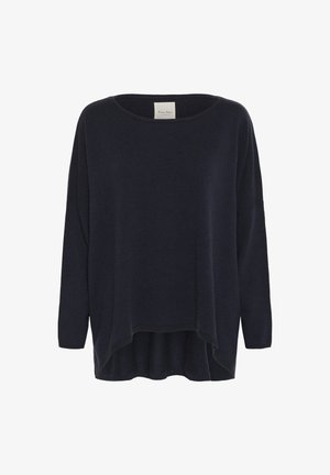 Mörk marinblå oversized tröja med rund halsringning, långa ärmar och hi-low nederkant. Mjuk tygkvalitet med en slät yta och minimal detaljering.