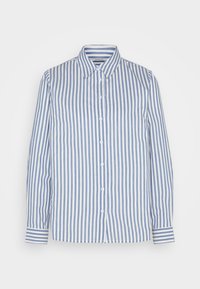 Camicia abbottonata bianca con strisce verticali blu, caratterizzata da un colletto classico, maniche lunghe e dettagli a righe sui polsini.