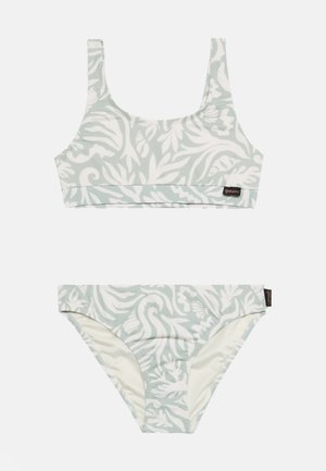 Bikini deux pièces avec motif floral abstrait blanc et gris clair, comprenant un haut à encolure dégagée et un bas assorti taille haute.