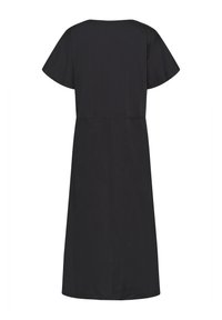 Black dress with short flutter sleeves, a round neckline, a fitted waistband, and a straight silhouette, made of smooth fabric.