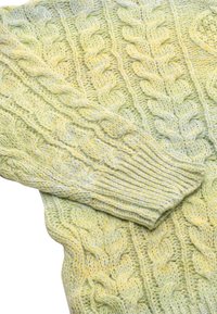 Maglione a maglia verde chiaro con motivo a treccia e polsini a coste. Texture morbida con sottili accenti gialli in tutto il capo.
