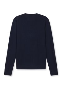 Pull à col rond à manches longues bleu marine avec poignets et ourlet côtelés, présenté de dos sur un fond blanc.