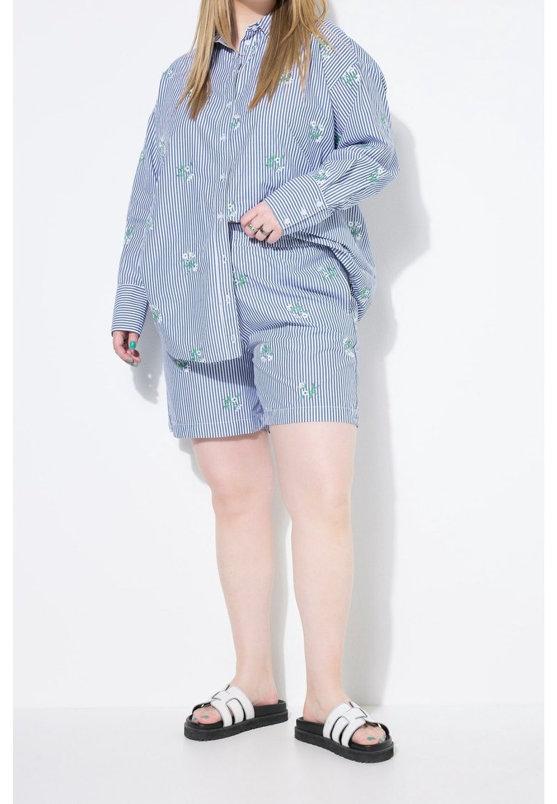 Chemise à manches courtes rayée bleu et blanc avec broderie florale, accompagnée d'un short assorti à rayures. Le mannequin porte des sandales noires avec des accents blancs.