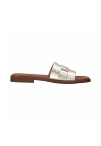 Flat brown sandal with wide textured metallic gold strap crossing the top and open toe design on a white background.
