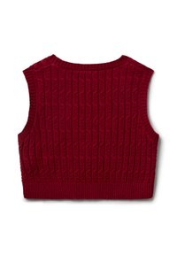 Ärmelloses, burgunderfarbenes, grob gestricktes, kurzes Pullover-Top mit Rippenbündchen und Rundhalsausschnitt, flach auf einem weißen Hintergrund liegend.