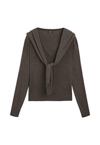 Brauner Strickpullover mit V-Ausschnitt und Kapuze. Er verfügt über lange Ärmel und ein Bindedetail in der Taille. Weiche Textur und figurbetontes Design.
