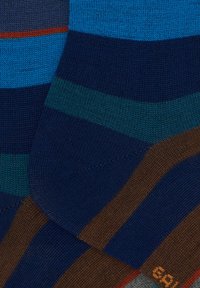 Striped socks featuring varying shades of blue, brown, and green, with a textured knit pattern and contrasting stripe widths.