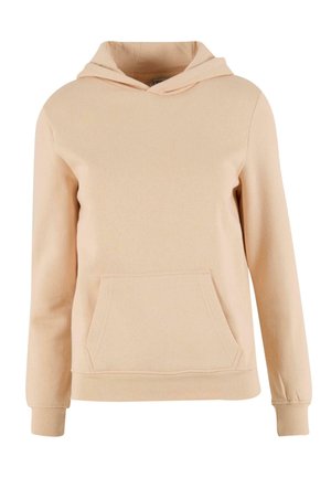 Mekana breskvasta dukserica s kapuljačom, dugim rukavima i prednjim kenguruzim džepom. Napravljena od flis materijala s glatkom teksturom.