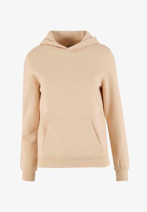 Puhafokú, hosszú ujjú, elülső kenguruzsebbel ellátott, puha barack színű pulóver. Bolyhos anyagból készült, sima felülettel.