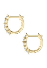 Zlate obroče za ušesa z teksturiranim dizajnom in izmeničnimi pravokotnimi prozornimi kamni spredaj. Gladka in polirana obdelava.