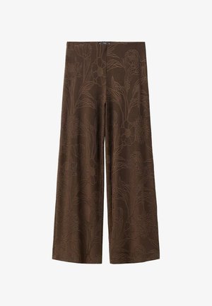 Brown wide-leg pants with a floral embossed pattern, featuring a smooth texture and a relaxed fit. Made from a soft fabric.