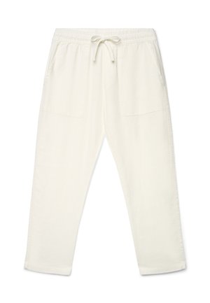 Cremeweiße Freizeithose mit elastischem Bund, Kordelzug und zwei aufgesetzten Taschen vorne, liegend auf einem weißen Hintergrund dargestellt.