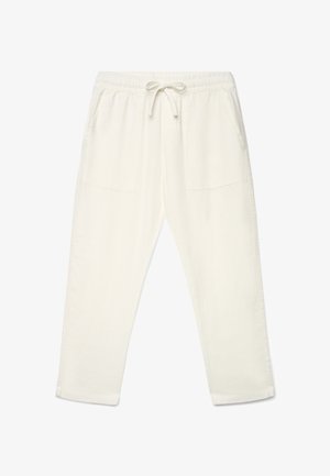 Cremeweiße Freizeithose mit elastischem Bund, Kordelzug und zwei aufgesetzten Taschen vorne, liegend auf einem weißen Hintergrund dargestellt.