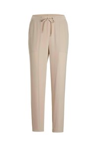 Beige elastische taillebroek met een trekkoord, met zijzakken en een gladde, lichte stoftextuur. Rechte pijpdesign.