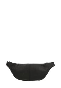 Black leather fanny pack with a sleek, curved shape, featuring a smooth texture, a seam down the center, and a strap with metal hardware.