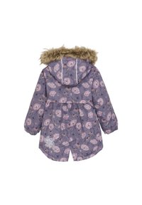 Lila blommönstrad jacka med en fuskpälskrage, elastiska ärmslut och draperad midja, med en lekfull design och lätt material.
