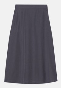 Jupe droite, gris foncé, en tissu lisse avec poches latérales, arborant une taille épurée et des détails de couture subtils.