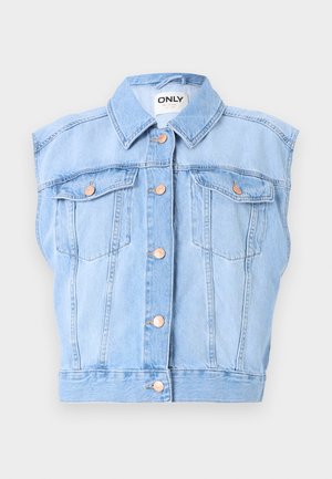 Gilet in denim, azzurro chiaro, design senza maniche, colletto a punta, due tasche frontali con chiusura a bottone e dettagli in tonalità rame.