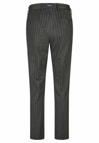 Grau-gestreifte Wollmischungsmaterialhosen mit einer schmalen Passform, Gürtelschlaufen und zwei Gesäßtaschen mit Knöpfen.