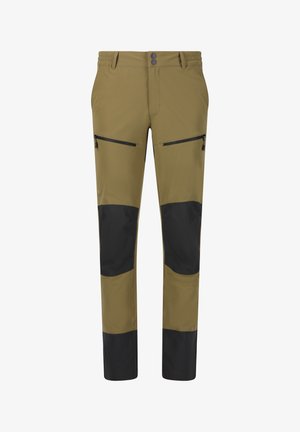 Pantalons vert olive avec sections aux genoux renforcées en noir, deux poches avant zippées, taille élastique et fermeture à bouton. Tissu durable.