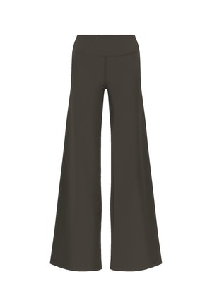 Zwarte broek met wijde pijpen en een hoge tailleband, ontworpen voor een losse en vloeiende pasvorm, getoond op een effen witte achtergrond.